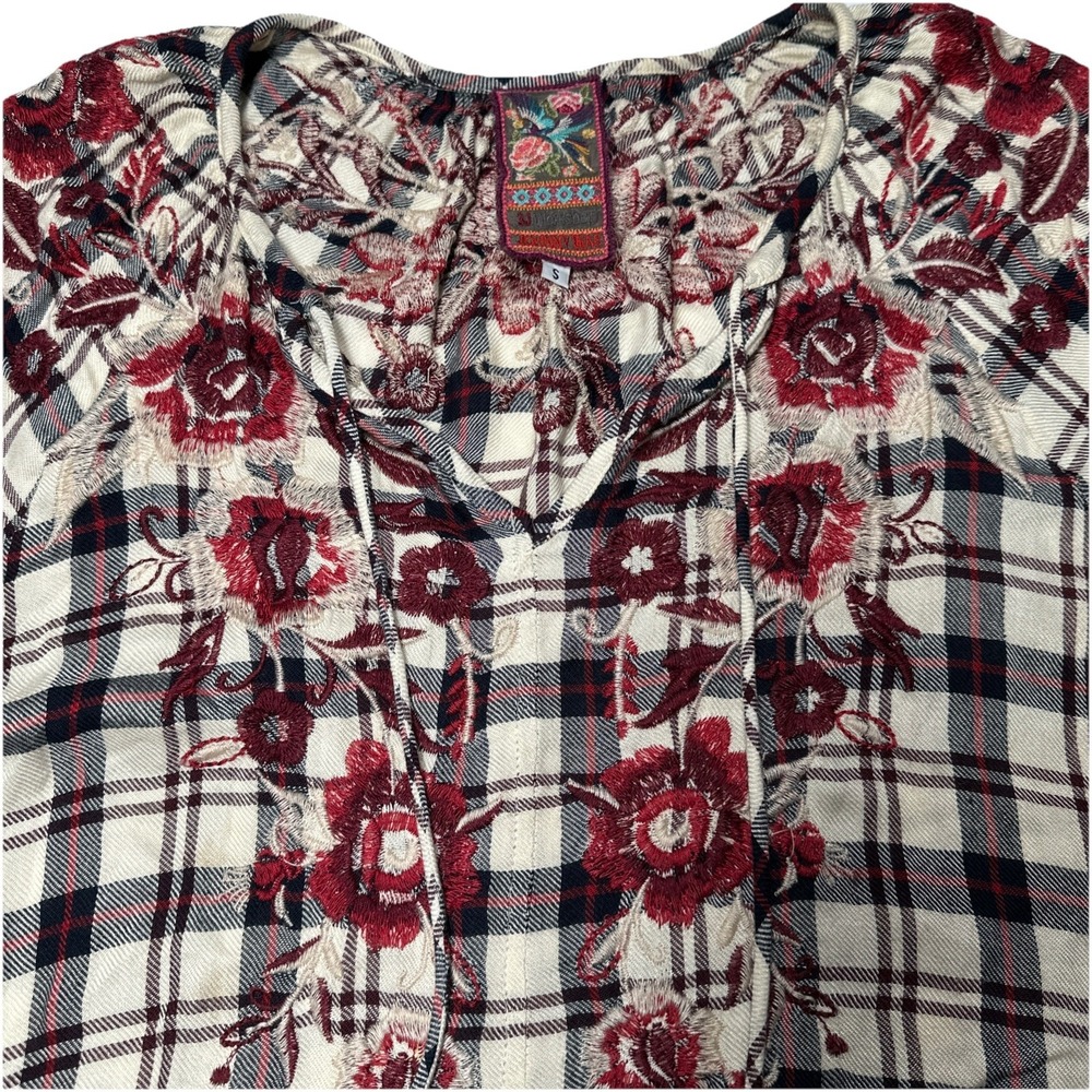 Johnny Was Workshop Embroidered Plaid Red Beige Drape Tunic Top Dress Size Small